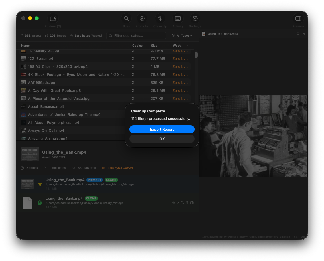 Cleanup complete dialog with Export Report button