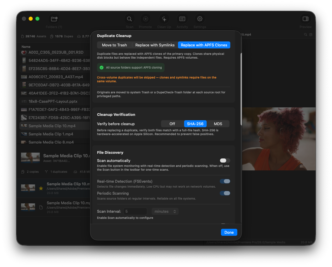 DupeCheck Settings showing cleanup mode selector with APFS Clone, Symlink, and Trash options