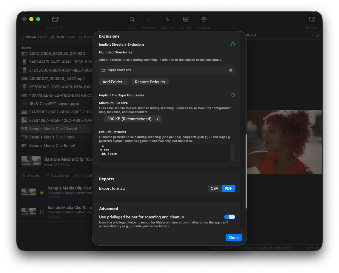 DupeCheck Settings showing exclusion categories and pattern configuration