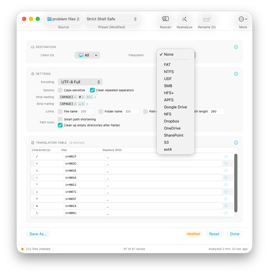 NameCheck advanced settings showing filesystem picker with 13 presets, encoding options, and character translation table
