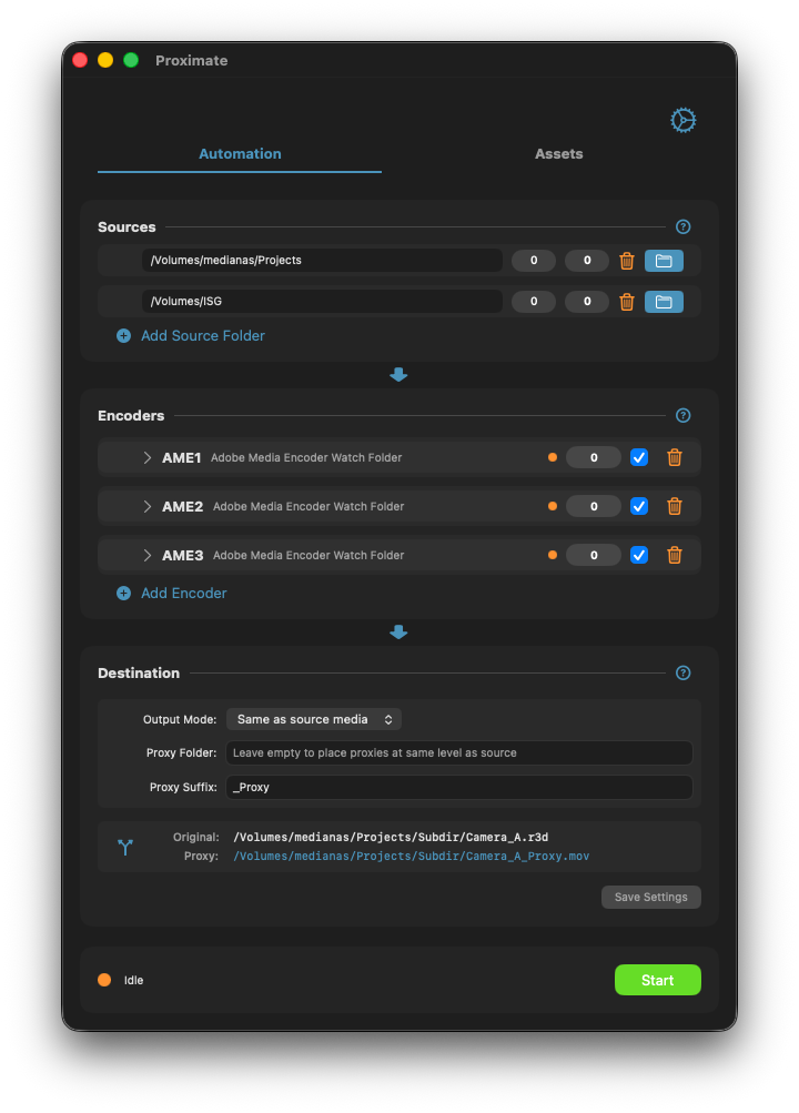 Proximate automation tab showing source folders, three encoder instances, and destination configuration