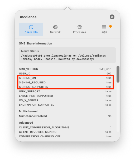 SMB Share Info showing signing required